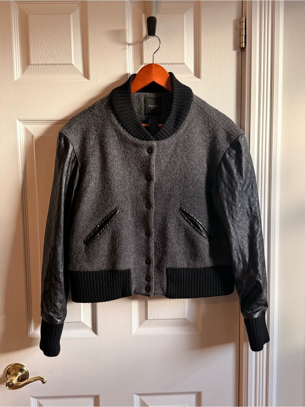 Smythe Grey Boiled Wool & Black Quilted Leather Varsity Bomber